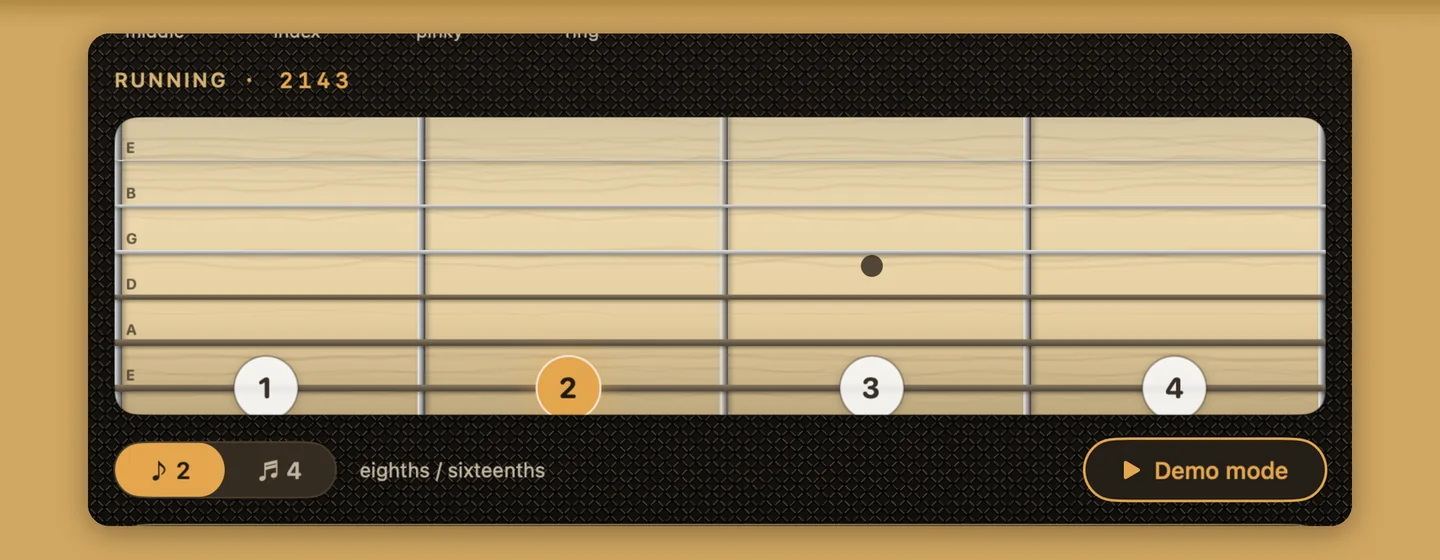 Demo mode: the fretboard lights up each note as the synthesized string plays