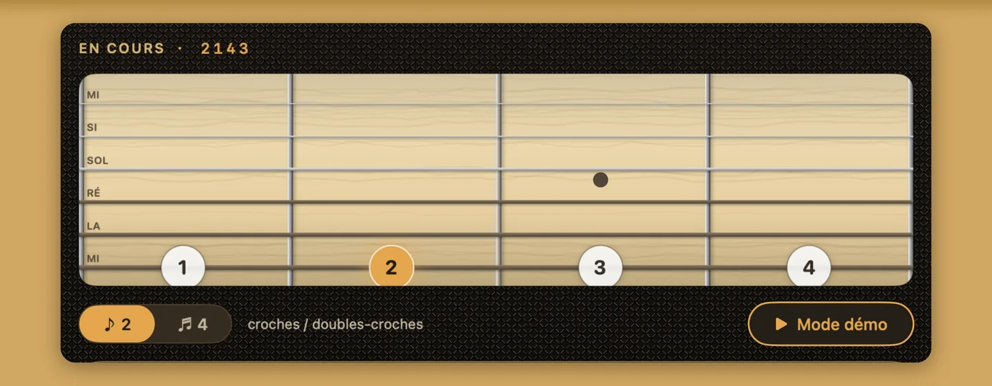 Mode démo : la touche s'illumine à chaque note jouée par la corde synthétisée
