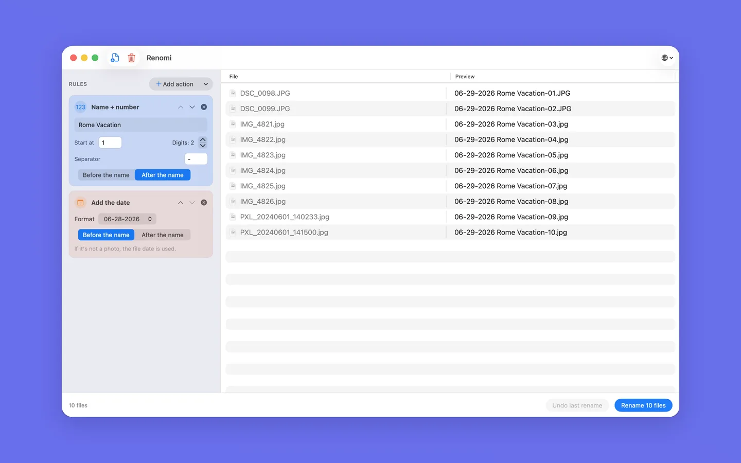 Renomi preview: messy photo names becoming clean, numbered names