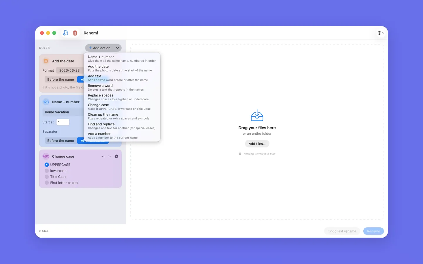 Renomi's plain-language actions menu