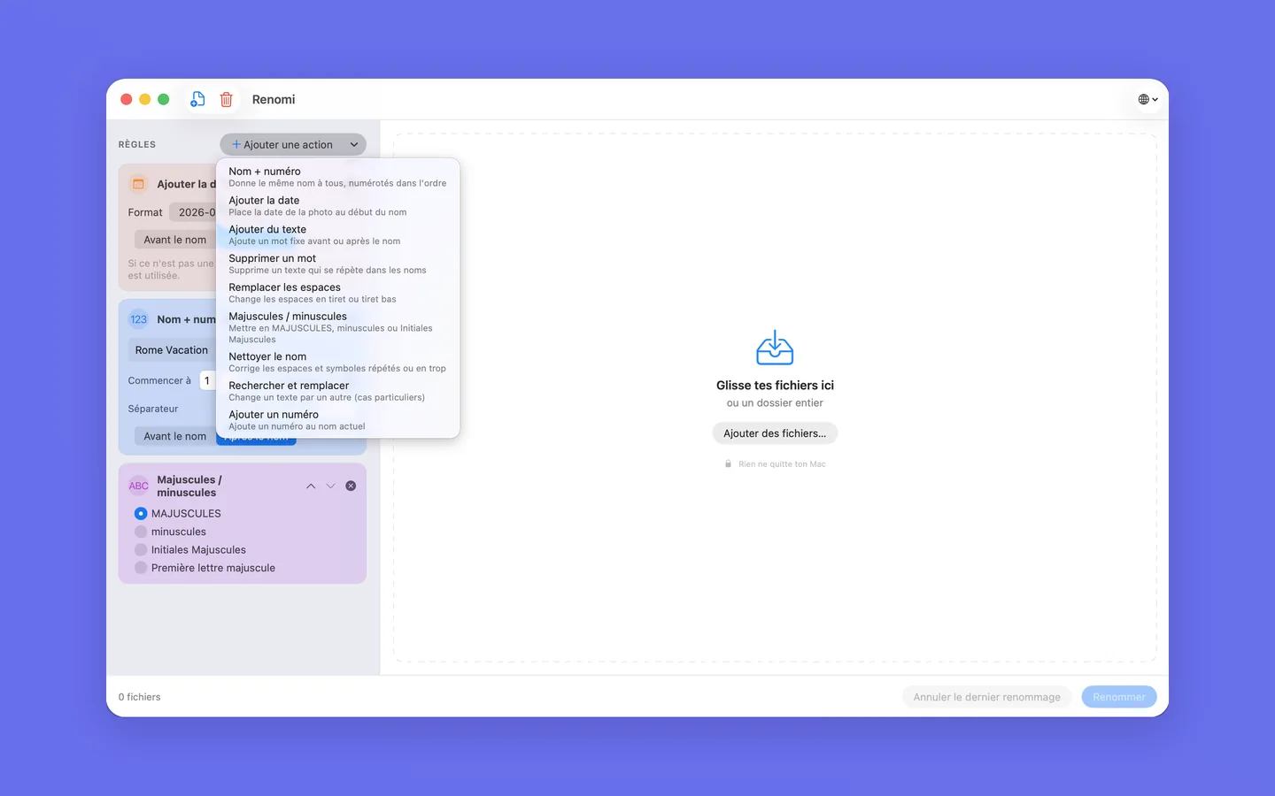 Le menu d'actions en langage clair de Renomi
